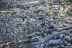 Snow visible on roofs in the Old City of Jerusalem