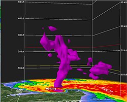Radar 3D volume scan of the supercell showing debris lofted over 30,000 feet (9.1 km) in the air as the tornado struck Mayfield