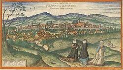 "Claudiopolis, Coloswar vulgo Clausenburg, Transilvaniæ civitas primaria". Gravure[a] of Cluj by Georg Houfnagel (1617)