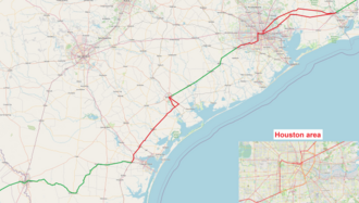 CPKC's fast-growing international corridor from Beaumont to Laredo: owned routes are marked in green, while sectors where trains run under Union Pacific trackage rights between Beaumont and Rosenberg (including the Houston area), and between Victoria and Robstown are marked in red. In the case of traffic through Houston, the usual routes are marked in red and detours used in case of congestion on the usual route are marked in orange. Between Beaumont and Houston, CPKC trains use UP's directional running, where northbound trains run on the Beaumont Sub, and southbound trains run on the Sunset Route.