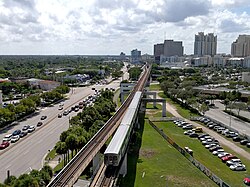 Metrorail departing Dadeland North station and heading towards Dadeland South station