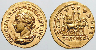 An aureus of Elagabalus, minted at Antioch. The reverse commemorates the journey to Rome of the sacred black stone of Emesus, which is depicted on the quadriga.[10]