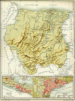 Suriname map (circa 1914) in the Encyclopaedia of the Dutch West Indies, by Surinamese cartographer Herman Benjamins and Dutch ethnographer Johannes Snelleman.