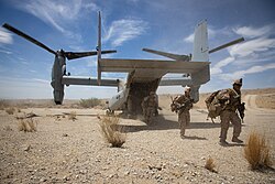 Marines disembark from an MV-22 near Marine Corps Air Ground Combat Center Twentynine Palms, California, 2019.