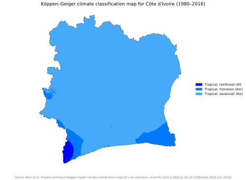 Köppen climate classification map of Ivory Coast