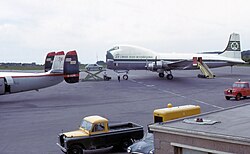 Aviation Traders Carvair and the tail of an Airspeed Ambassador in 1965