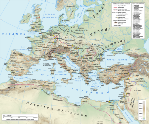 The Roman Empire under Hadrian (ruled 117–138) showing the location of the Roman legions deployed in 125 AD
