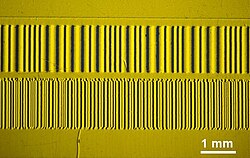 Visualization of magnetically stored information on a magnetic stripe card (recorded with CMOS-MagView, dark colors correspond to magnetic north, light colors correspond to magnetic south)