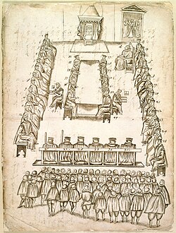 A drawing of the trial of Mary, Queen of Scots, 14–15 October 1586, in the great hall of Fotheringhay Castle, Northamptonshire, where she was later beheaded.