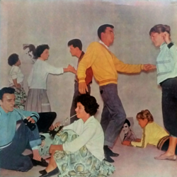 Photograph used on the cover of a nueva ola record released in Argentina in 1960. An example of the Americanization that characterized the new youth mass culture, it depicts young people dancing rock and roll, drinking Coca-Cola, wearing blue jeans and admiring American singers.