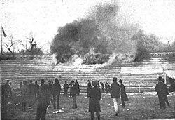 The crowd setting fire to the grandstands after the match v. Uruguay was suspended, July 1916