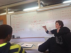 Spanish taught as a second language to a class of native English speakers at an American private school in Massachusetts