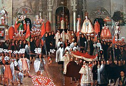 Mercedarian Friars in the Corpus Christi procession at the Main Square of Cusco. 17th century. Cusco Colonial Painting School. Painting currently located at the Archbishop's Palace of Cusco.