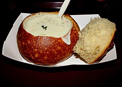 Clam chowder served in a bread bowl