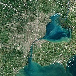 A satellite image from Sentinel-2 of Detroit and its surrounding metropolitan area with Windsor, Ontario across the river, September 2021