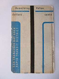 Back of early magnetic striped encoded paper card. The narrow magnetic stripe in the center of the card was applied using a magnetic slurry paint.