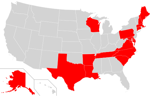 A map of the US showing in red which states have a specified dog breed as an official symbol