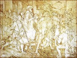 The suppression of St John's Abbey, Colchester, with the execution of the abbot shown in the background