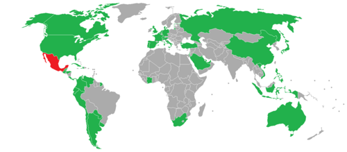 Countries visited by Peña Nieto during his presidency (in dark green), and Mexico (in red).