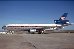 JAT McDonnell Douglas DC-10-30 at Sydney Airport, 1985, with classic livery