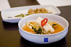 Yeolmu-kimchi, cold, watery kimchi that is usually eaten with oily foods, is consumed mostly in the summer.