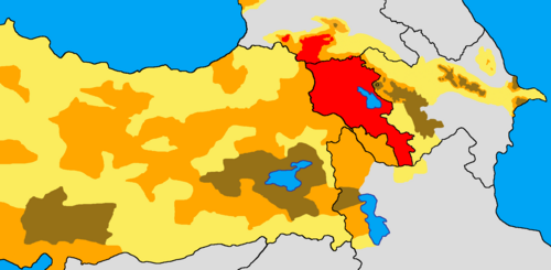 Armenian presence in the early 20th century: >50% 25–50% <25% Armenian settlement area today.
