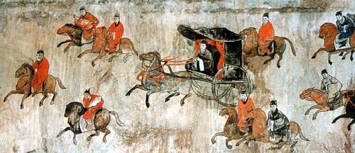 A mural showing chariots and cavalry from the Dahuting tomb near Zhengzhou, Henan, dated to the late Eastern Han
