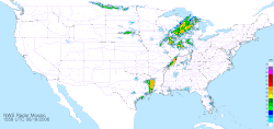 A NWS composite radar image of the Continental United States, composed of many regional radars