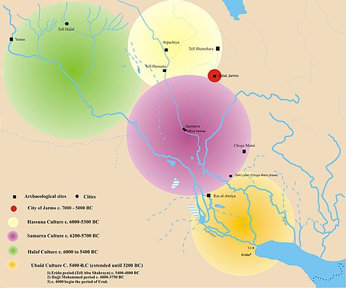 After early starts in Jarmo (red dot, c. 7500 BC), the civilization of Mesopotamia in the 7th–5th millennium BC was centered around the Hassuna culture in the north, the Halaf culture in the northwest, the Samarra culture in central Mesopotamia and the Ubaid culture in the southeast, which later expanded to encompass the whole region.