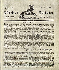First edition of Neue Zürcher Zeitung (1780), the world's oldest newspaper of record by reputation