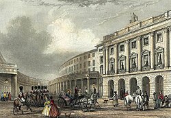 The Quadrant, Regent Street in 1837, seen from Piccadilly Circus. The buildings have since been replaced.