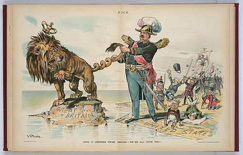 U.S. President Grover Cleveland twisting the tail of the British Lion as Americans cheer in the Venezuelan crisis of 1895; cartoon in Puck by J.S. Pughe