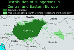 Regions of Central and Eastern Europe inhabited by Hungarian speakers today