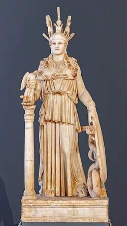The Varvakeion Athena, the most faithful copy of the Athena Parthenos, as displayed in the National Archaeological Museum, Athens.