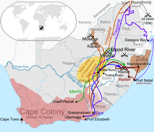 A map charting the routes of the largest trekking parties during the first wave of the Great Trek (1835–1840) along with key battles and events.