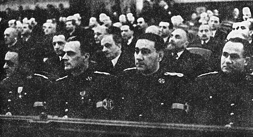 Founding session of the National Renaissance Front. Wearing the Front's gala uniforms, from left: Armand Călinescu, Grigore Gafencu, Ralea, Mitiță Constantinescu