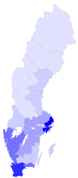 Population density in the counties of Sweden.People/km2: 0–9.9 10–24.9 25–49.9 50–99.9 100–199.9 200+
