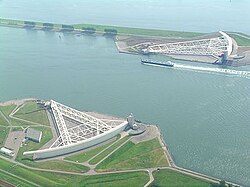 The Maeslantkering closes the main entrance to the Port of Rotterdam, the largest port in Europe.