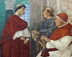 Giuliano della Rovere, as cardinal (left), with his uncle and patron Francesco della Rovere, Pope Sixtus IV (right)