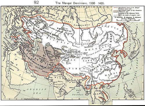 The Mongol Empire at its greatest extent. The gray area is the later Timurid Empire.