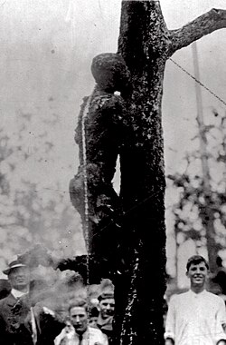 Lynching of Jesse Washington in Waco, Texas, on May 15, 1916. He was repeatedly lowered and raised onto a fire for about two hours. A professional photographer took pictures of the lynching as it unfolded.