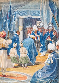 George V investing an Indian Prince with The Star of India, 14th December, 1911 by William Barnes Wollen