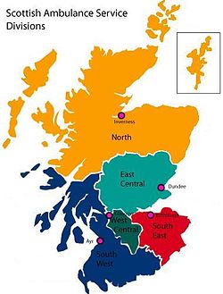 Map of the five regional divisions within the Scottish Ambulance Service.