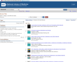 Browse titles interface in the NCBI Bookshelf, displaying available publications and filtering options by category, publisher, and date