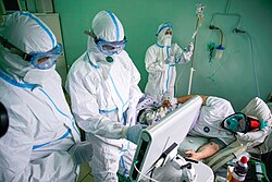 A patient in Ukraine in 2020 wearing a scuba mask in the absence of artificial ventilation
