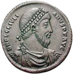 A bronze coin from Antioch depicting the emperor Julian. Note the pointed beard.