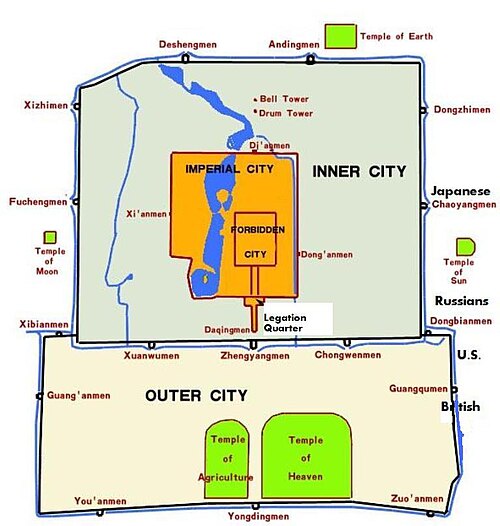 Beijing in 1900 was surrounded by high walls broken by many gates (men). The location of the foreign armies on the morning of 14 August is shown on the map. The Japanese, Russians and British fought their way into the city through gates. The Americans climbed over the wall.