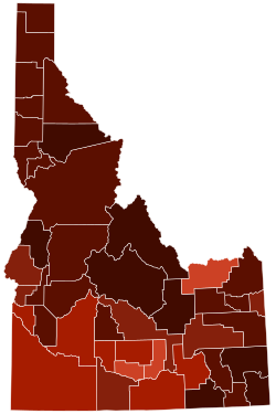 Map of counties in Idaho by racial plurality, per the 2020 census Legend Non-Hispanic White 50–60% 60–70% 70–80% 80–90% 90%+