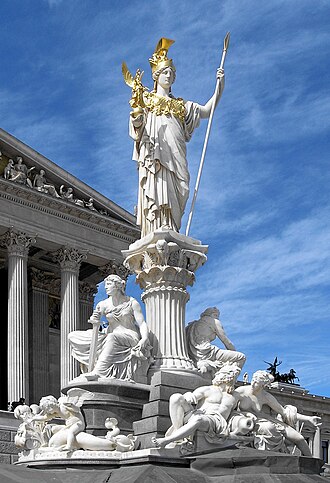 Statue of Pallas Athena in front of the Austrian Parliament Building. Athena has been used throughout Western history as a symbol of freedom and democracy.[223]