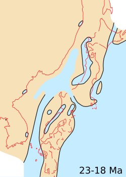 Map showing Japanese archipelago, Sea of Japan and surrounding part of continental East Asia in Early Miocene (23–18 Ma)